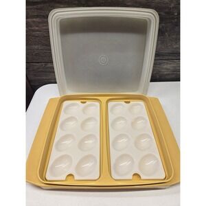 Vintage Tupperware Deviled Egg Carrier Harvest Gold 723-4 16 Slot Tray with Lid